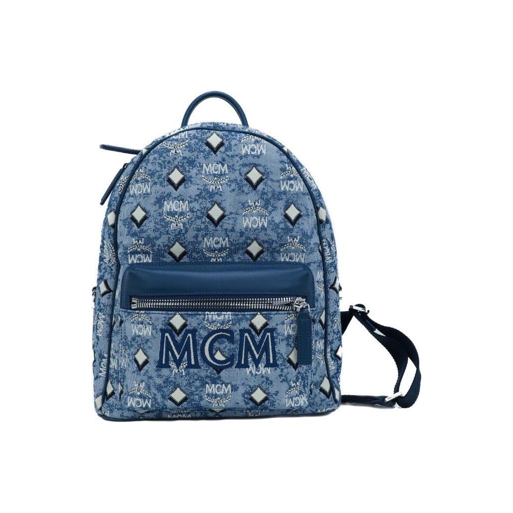 MCM Stark Small Blue Vintage Jacquard Monogram Logo Fabric Backpack Bookbag WOMAN BACKPACKS MCM Dark Slate Blue