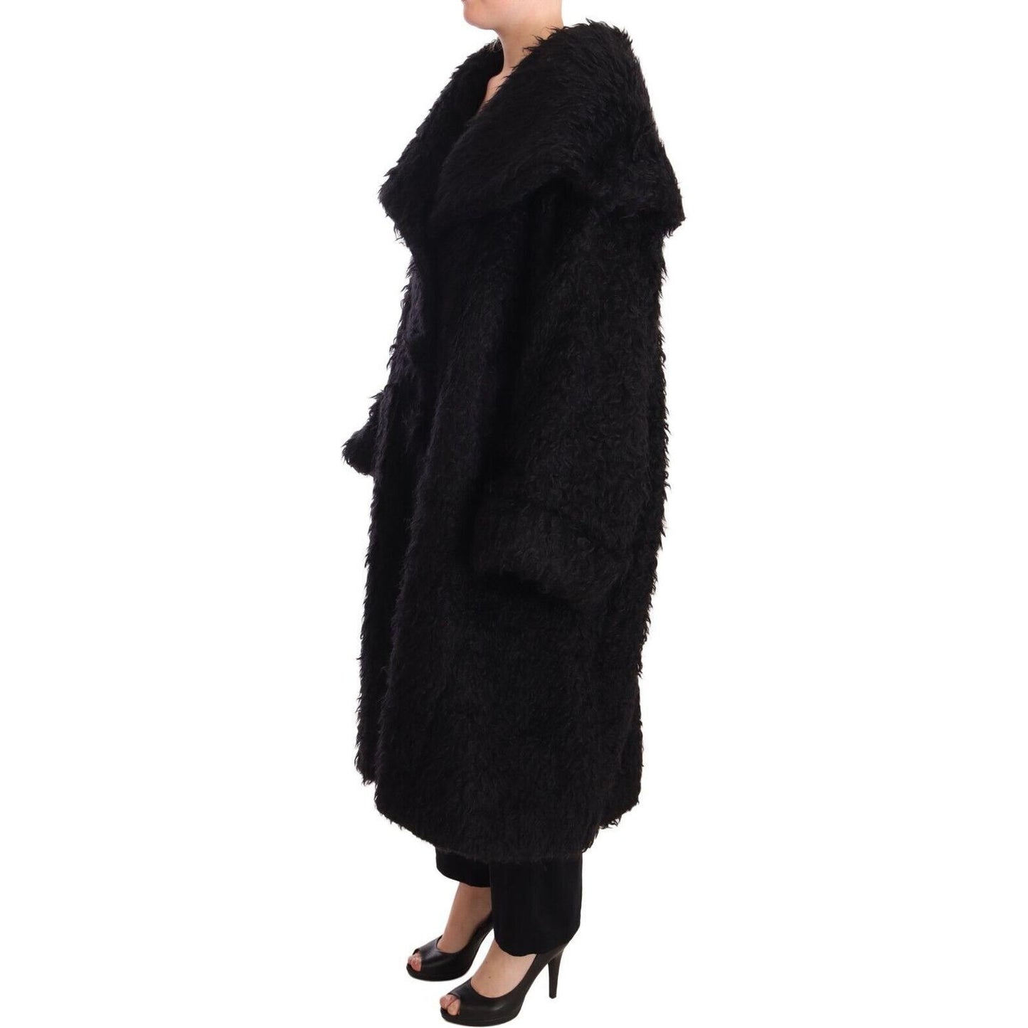 Dolce & Gabbana Black Mohair Fur Cape Trench Coat Jacket JKT3007-40