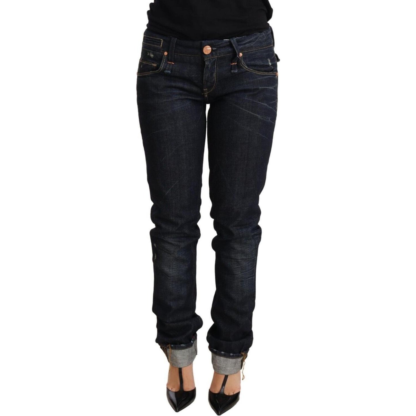 Acht Dark Blue Cotton Slim Fit Folded Hem Women Denim Trouser Jeans PAN71795-26