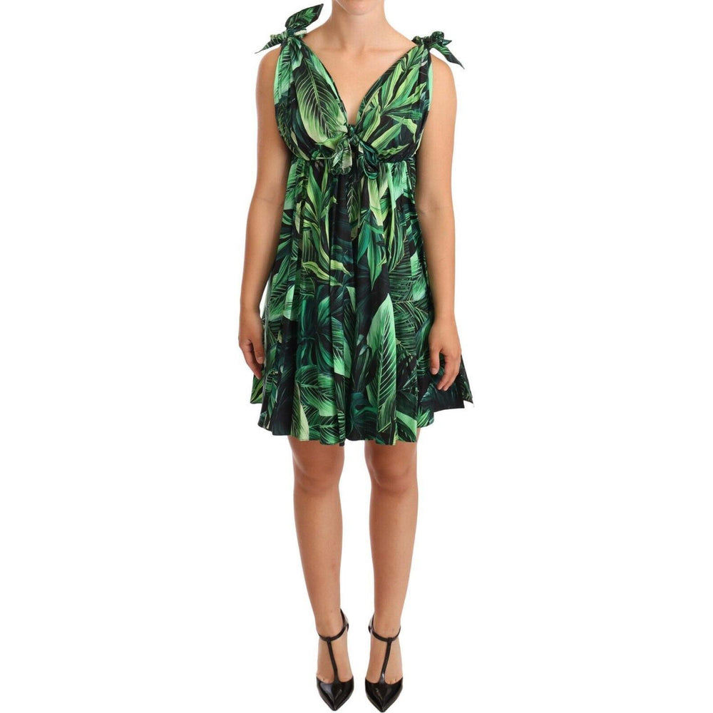 Dolce & Gabbana Green Leaves Print Cotton Flared Mini Dress DR28286-38