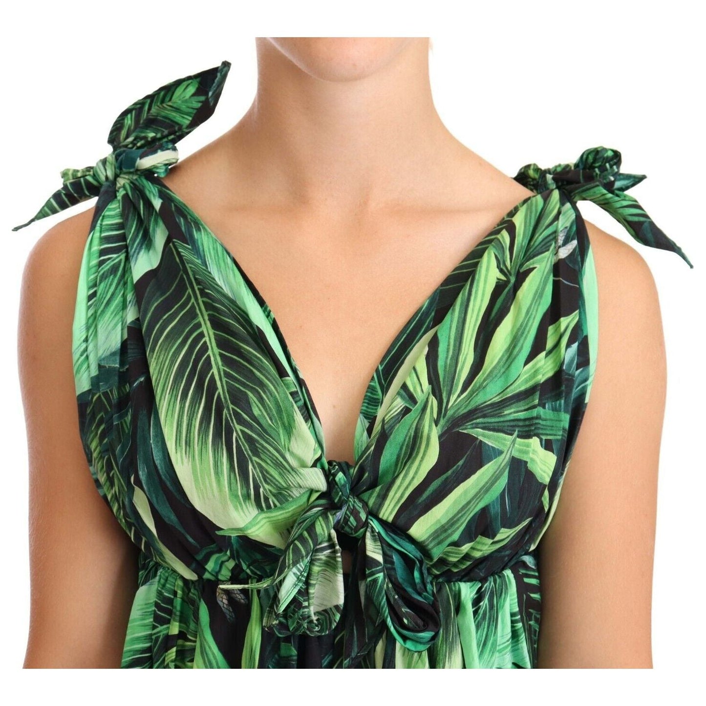 Dolce & Gabbana Green Leaves Print Cotton Flared Mini Dress DR28286-38