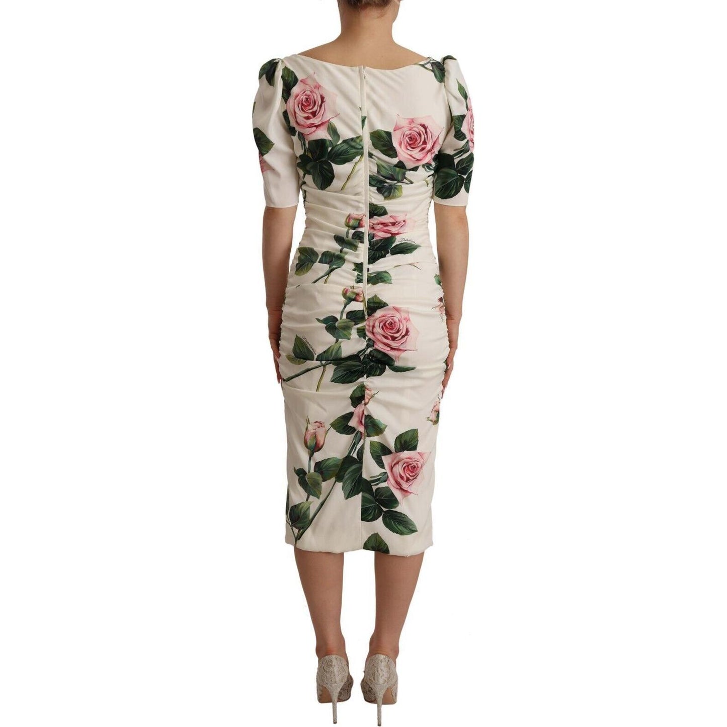 Dolce & Gabbana White Roses Print Stretch Silk Pleated Dress DR28258 - 38