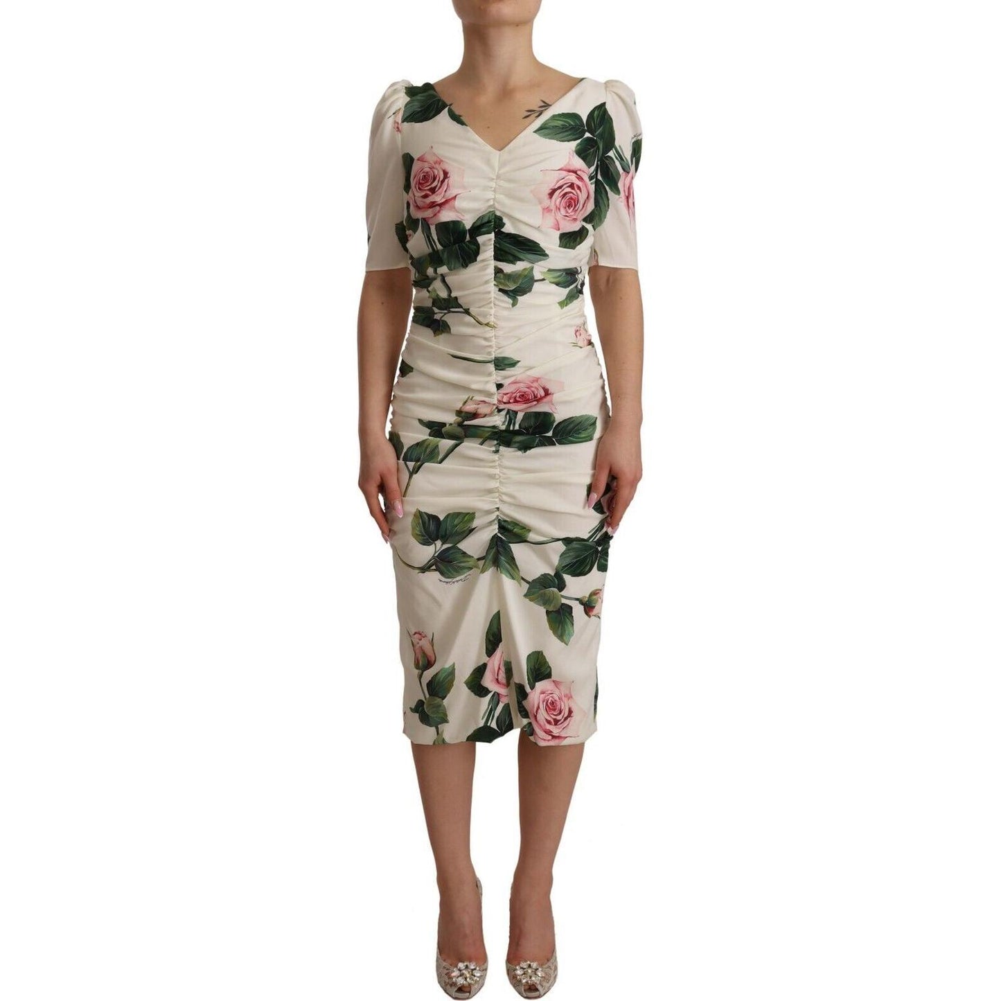 Dolce & Gabbana White Roses Print Stretch Silk Pleated Dress DR28258 - 38