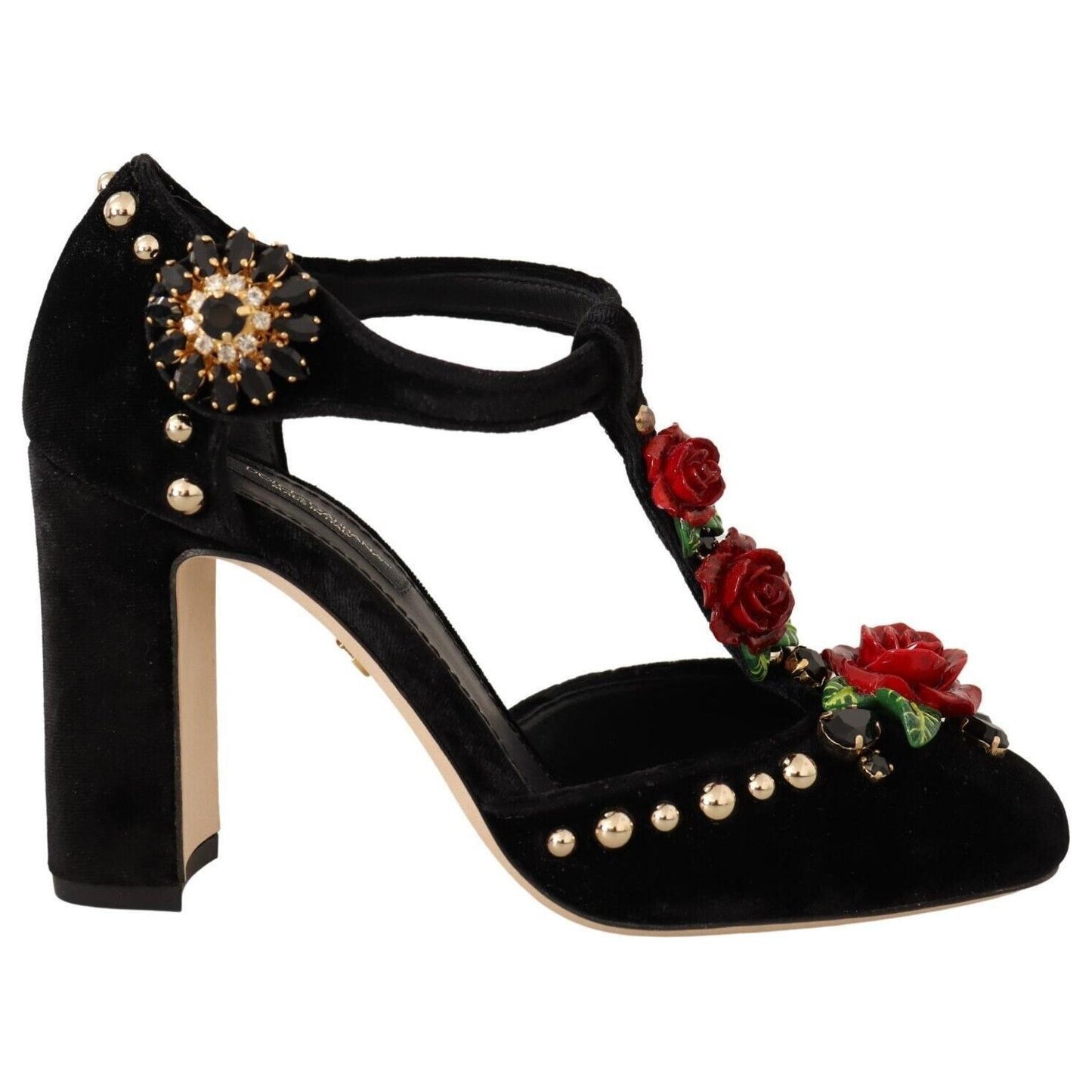 Dolce & Gabbana Black Mary Jane Pumps Roses Crystals Shoes LA9264 - 35.5