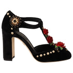Dolce & Gabbana Black Mary Jane Pumps Roses Crystals Shoes LA9264 - 35.5