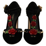 Dolce & Gabbana Black Mary Jane Pumps Roses Crystals Shoes LA9264 - 35.5