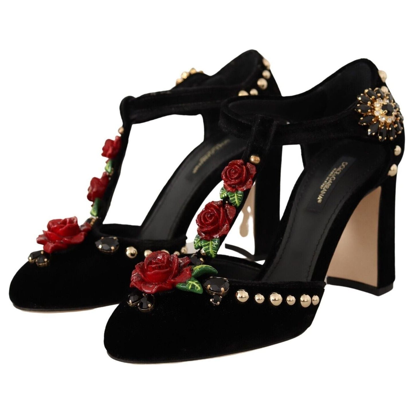 Dolce & Gabbana Black Mary Jane Pumps Roses Crystals Shoes LA9264 - 35.5