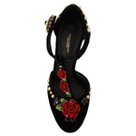 Dolce & Gabbana Black Mary Jane Pumps Roses Crystals Shoes LA9264 - 35.5