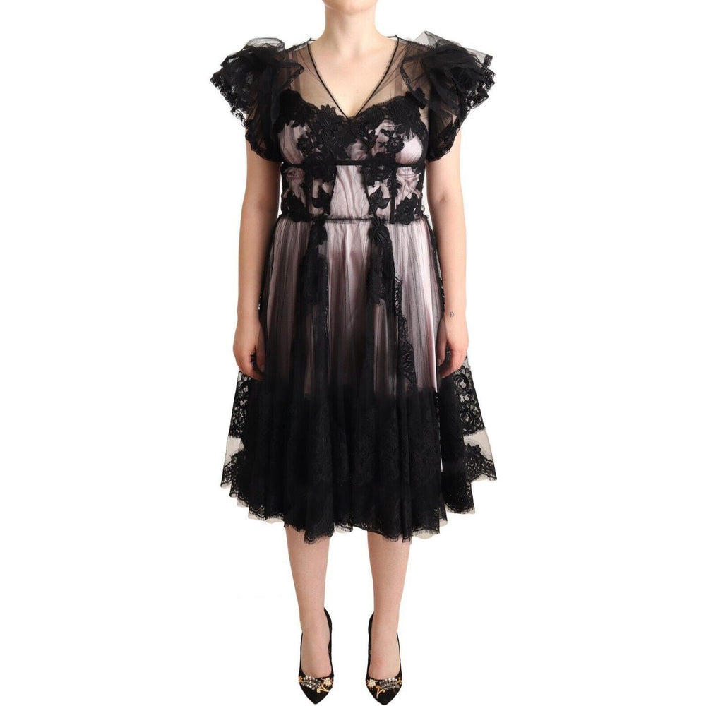 Dolce & Gabbana Black Pink Floral Lace A-line Midi Sheer Dress DR28236 - 44
