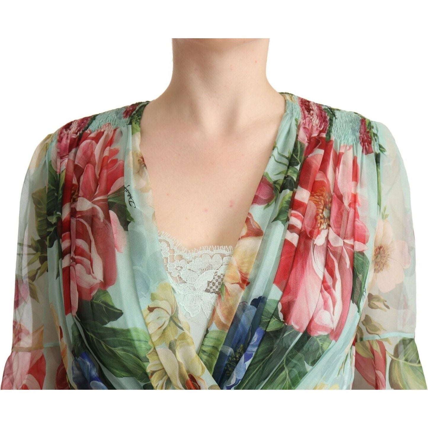 Dolce & Gabbana Green Floral Long Sleeves V-neck Midi Dress DR28273 - 42