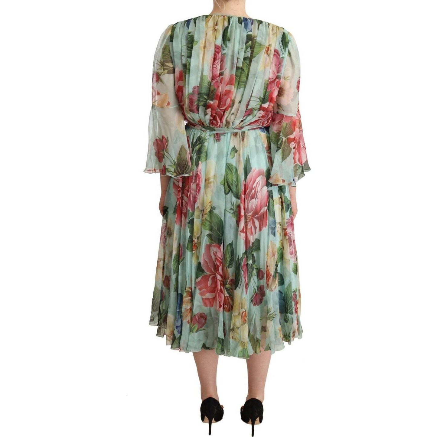 Dolce & Gabbana Green Floral Long Sleeves V-neck Midi Dress DR28273 - 42