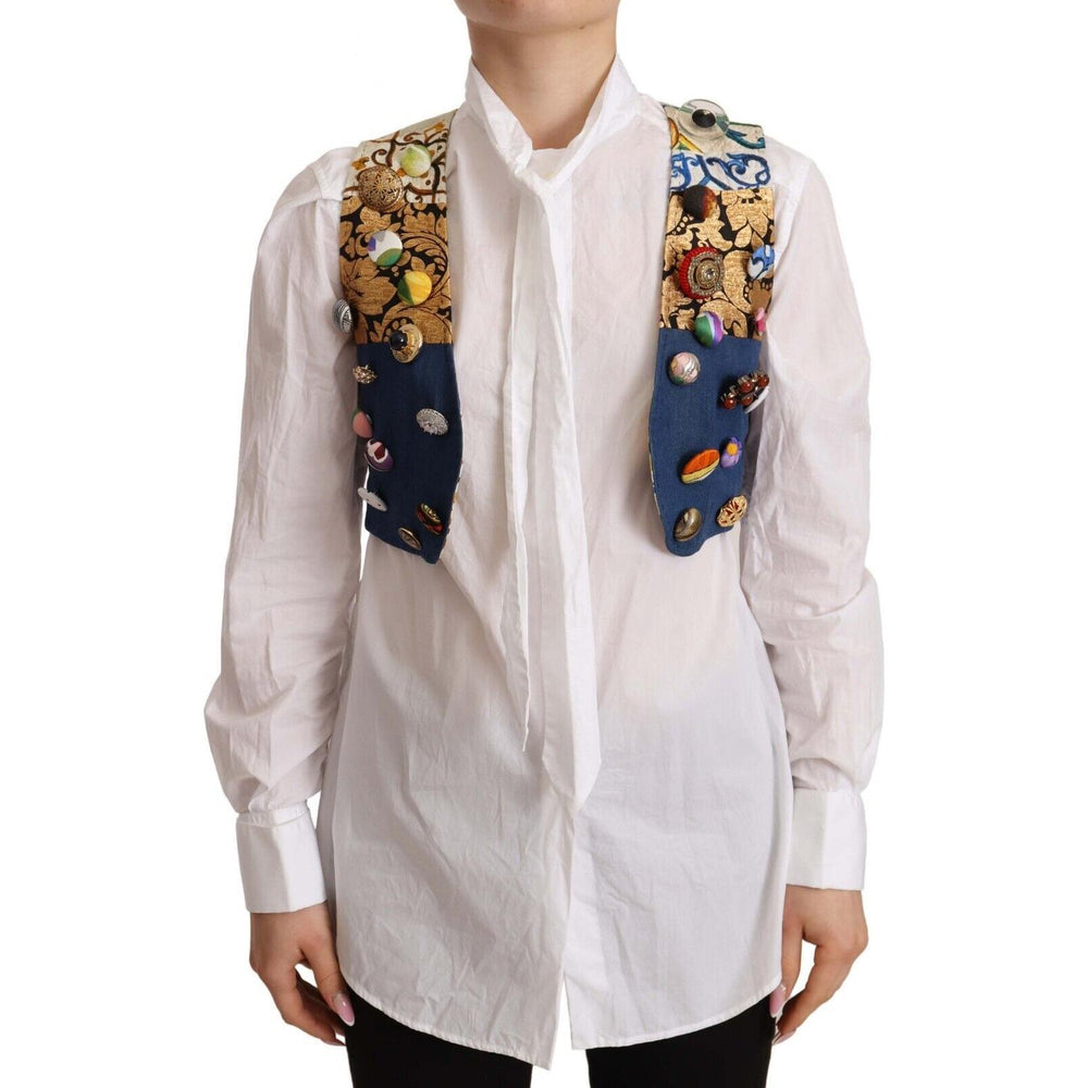 Dolce & Gabbana Multicolor Embellished Waist Coat Cotton Top TSH7037 - 38