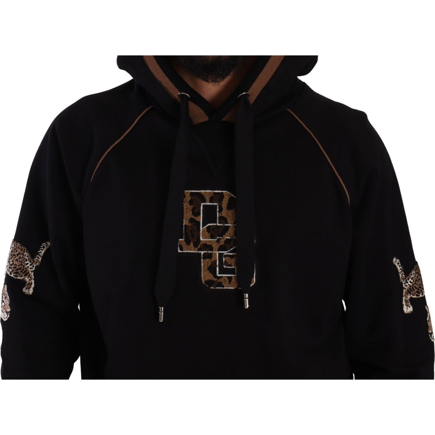 Dolce & Gabbana Black Brown Leopard Cotton Hooded Pullover Sweater TSH7572- 52