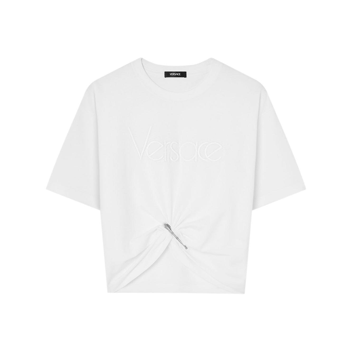 Versace logo-embroidered T-shirt in white 10188981A136101W000-P25