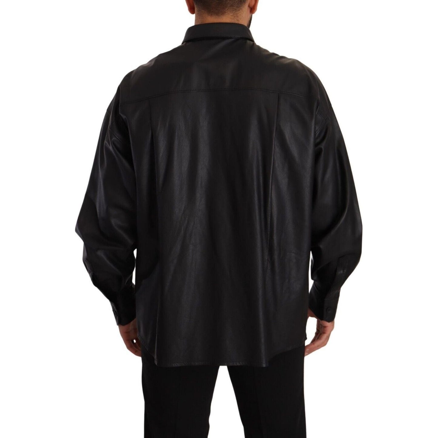 Dolce & Gabbana Black Leather Button Down Men Collared Jacket JKT3244 - 52