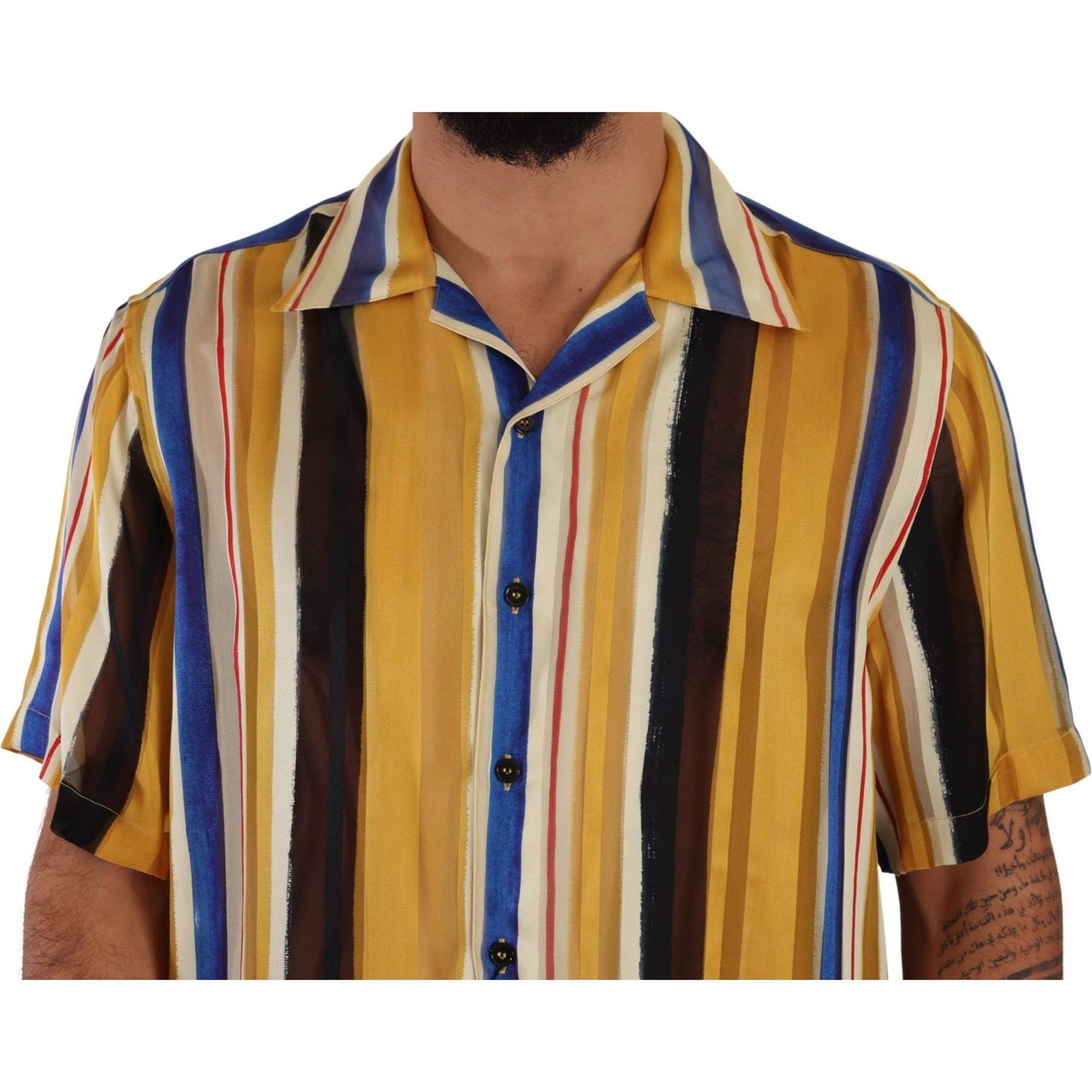 Dolce & Gabbana Yellow Striped Short Sleeve Silk Shirt TSH7539- 40