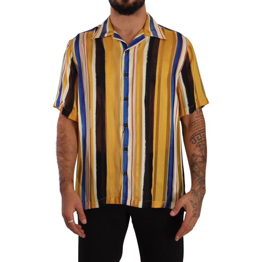 Dolce & Gabbana Yellow Striped Short Sleeve Silk Shirt TSH7539- 40