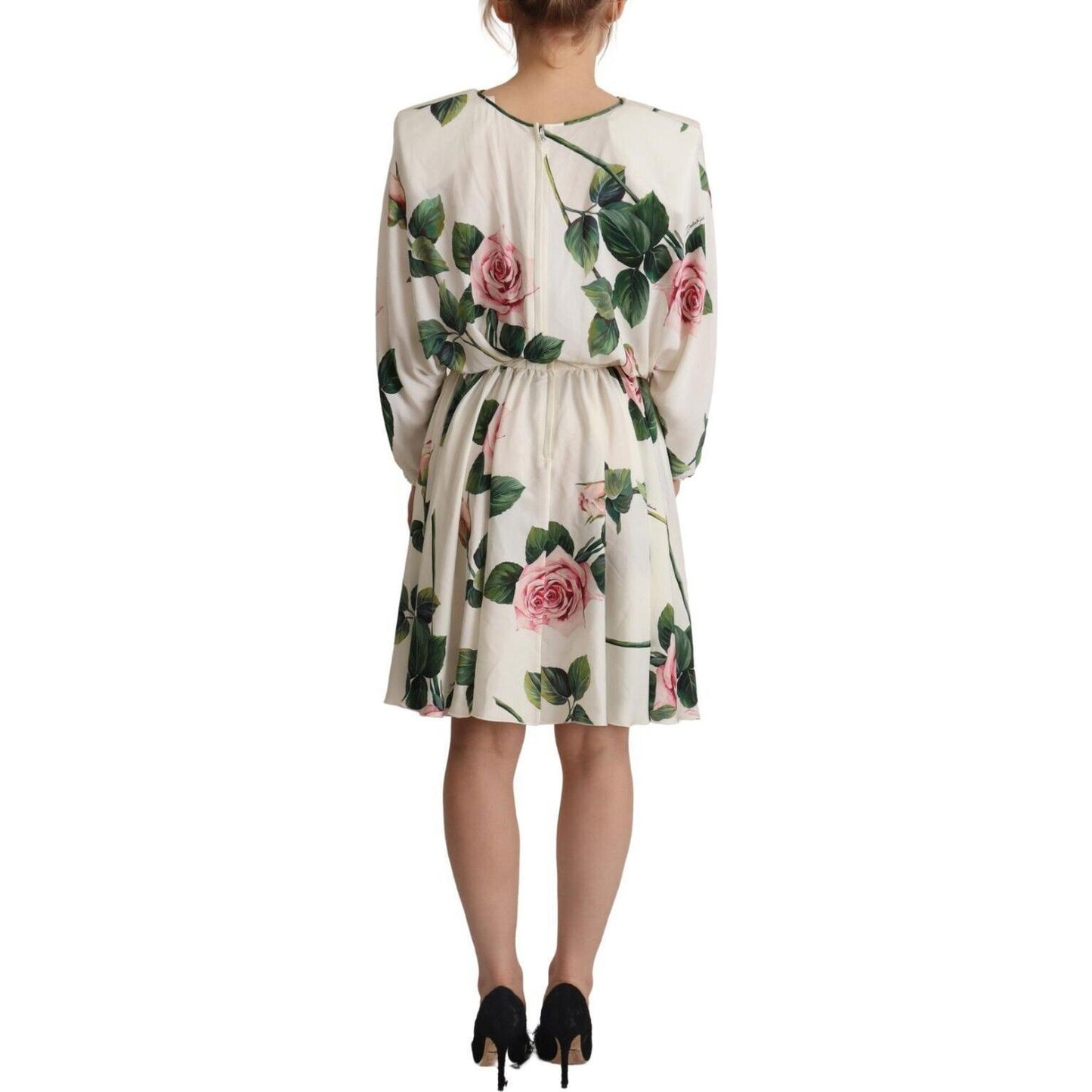 Dolce & Gabbana White Rose Print Long Sleeves A-line Dress DR28649 - 38