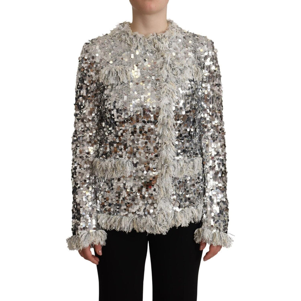 Dolce & Gabbana Silver Sequined Shearling Long Sleeves Jacket JKT3269 - 40