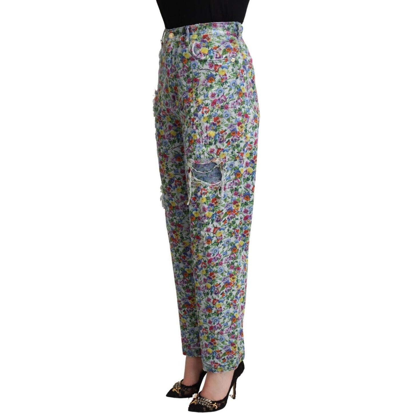 Dolce & Gabbana Blue Floral Print High Waist Denim Tapered Jeans PAN72791 - 40