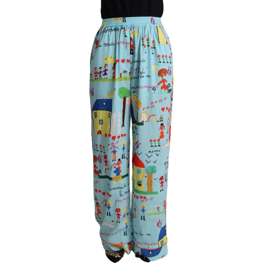 Dolce & Gabbana Light Blue Drawing Mid Waist Wide Leg Pants PAN72777 - 38