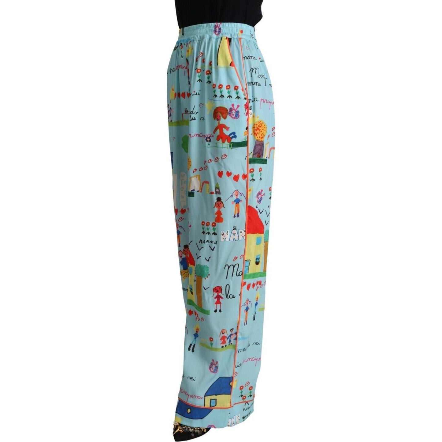 Dolce & Gabbana Light Blue Drawing Mid Waist Wide Leg Pants PAN72777 - 38