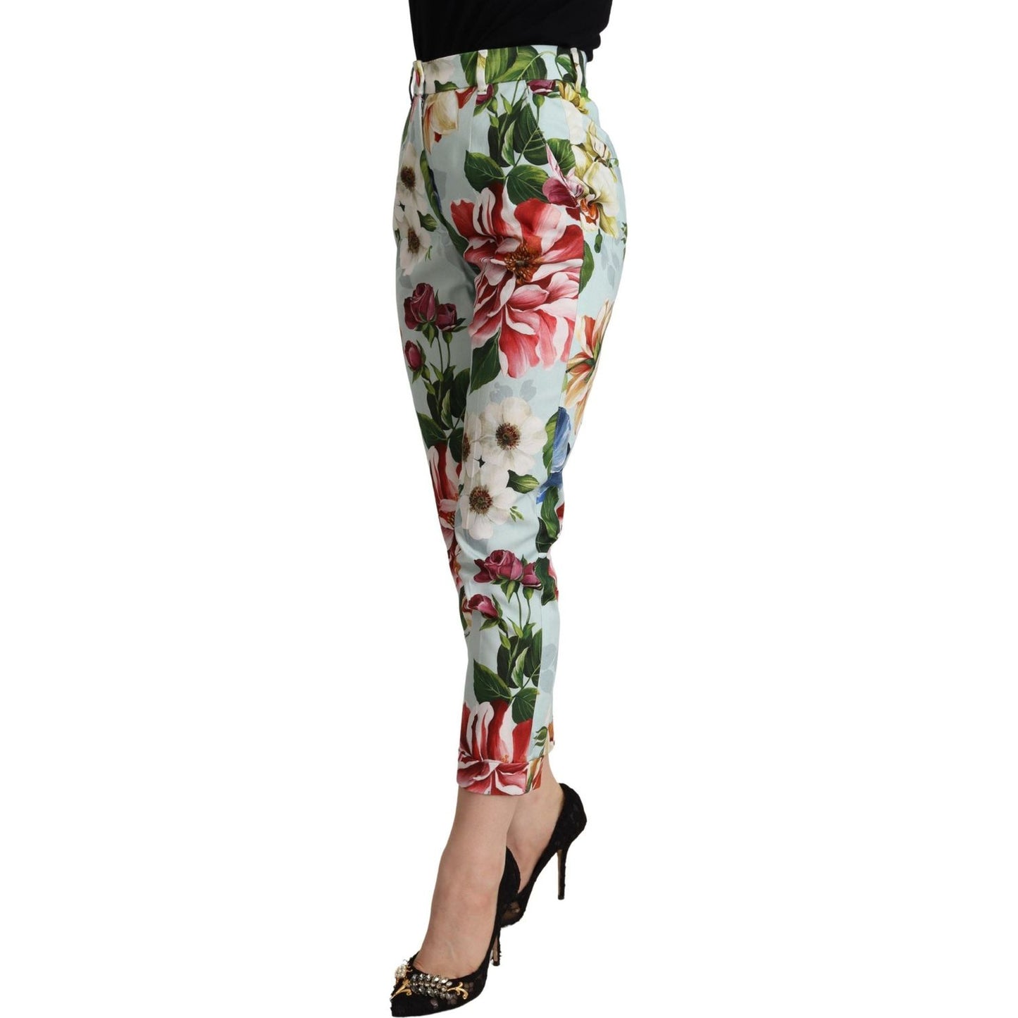 Dolce & Gabbana Light Blue Fiori Print Cotton Trouser Tapered Pants PAN72802- 36