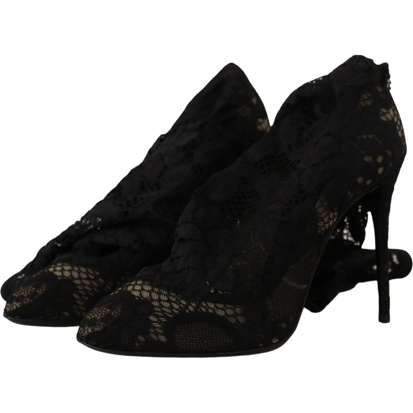 Dolce & Gabbana Black Stretch Socks Taormina Lace Boots Shoes LA9806- 38.5