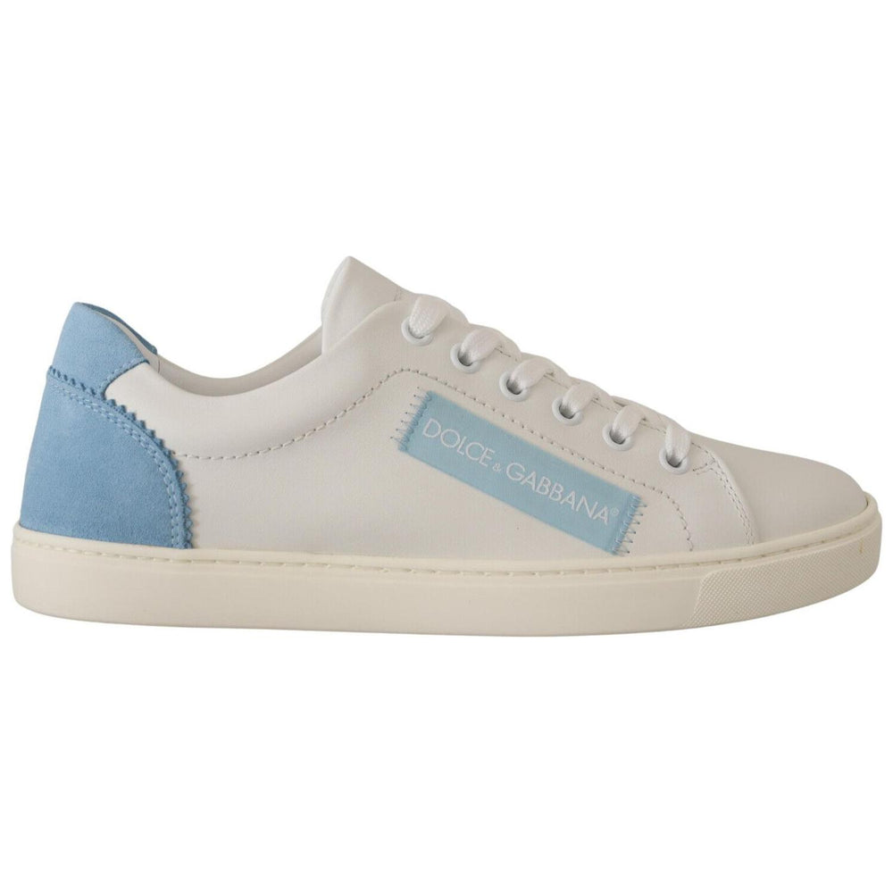 Dolce & Gabbana White Blue Leather Low Top Sneakers Shoes LA9796- 35.5