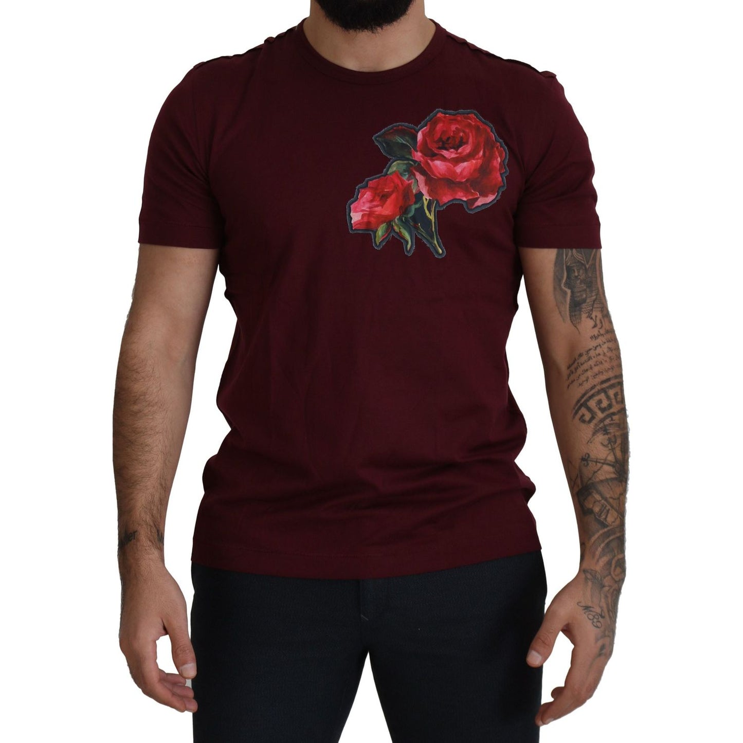 Dolce & Gabbana Bordeaux Roses Cotton Crewneck T-shirt TSH7481- 50