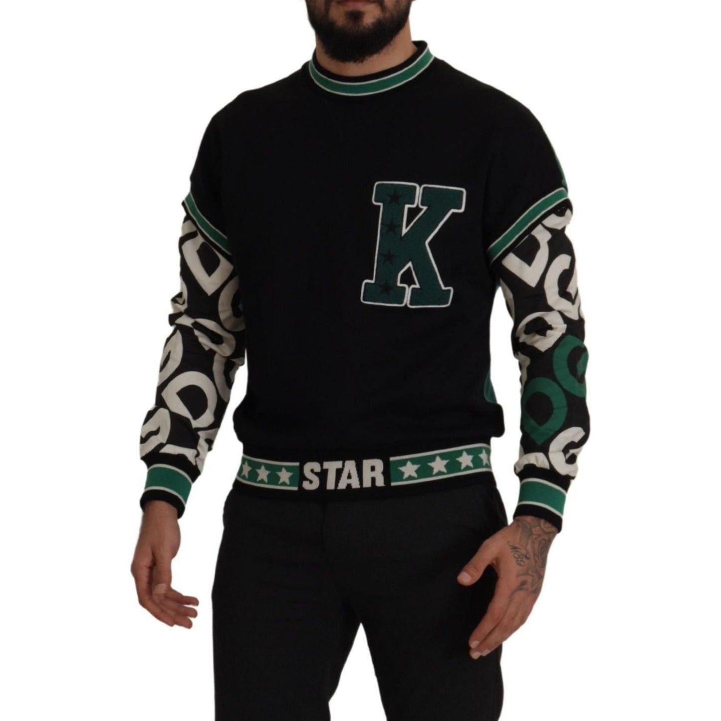 Dolce & Gabbana Black Green Cotton KING Star Crewneck Pullover Sweater TSH7987-XS