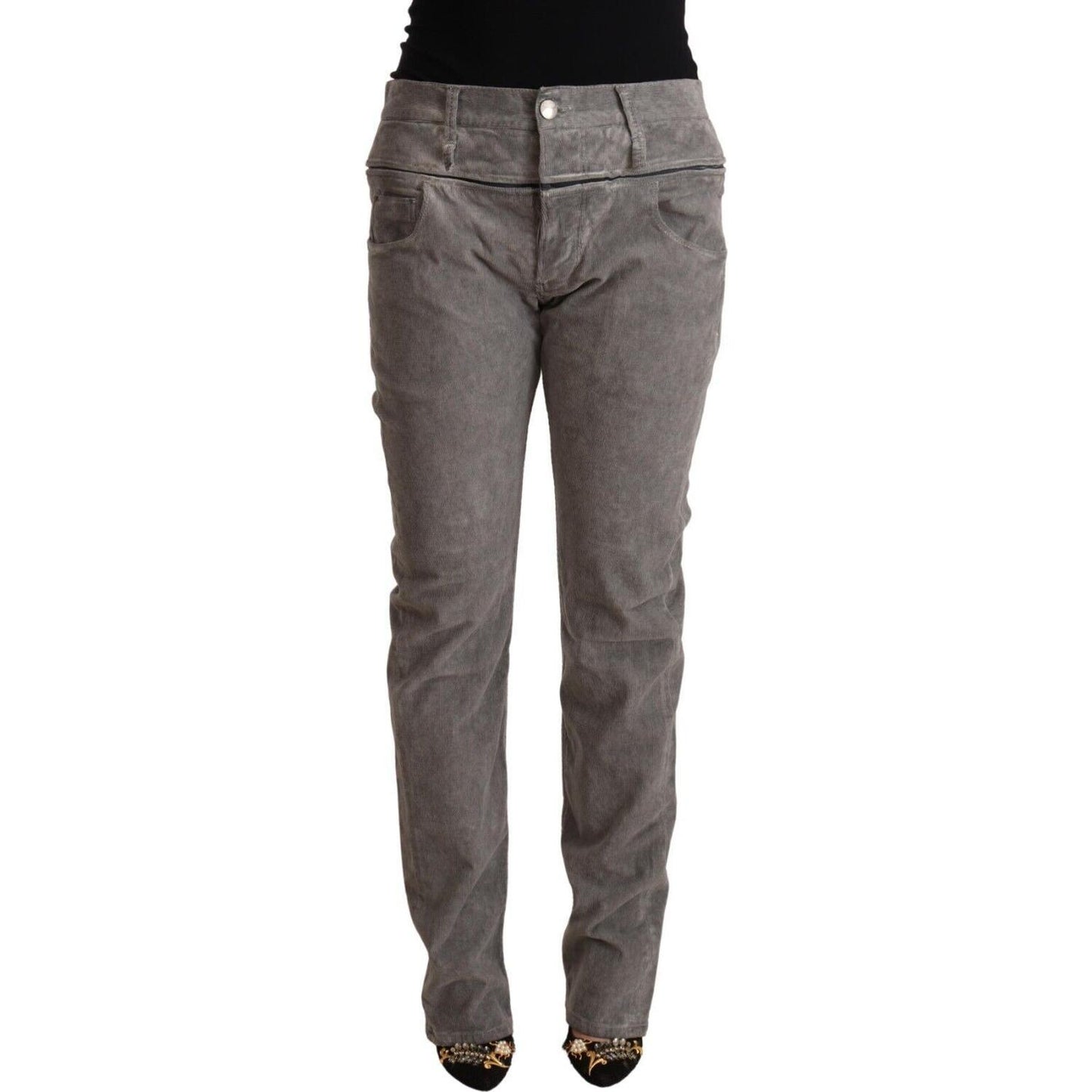 Acht Gray Cotton Straight Fit High Waist Pants PAN71844 - 34