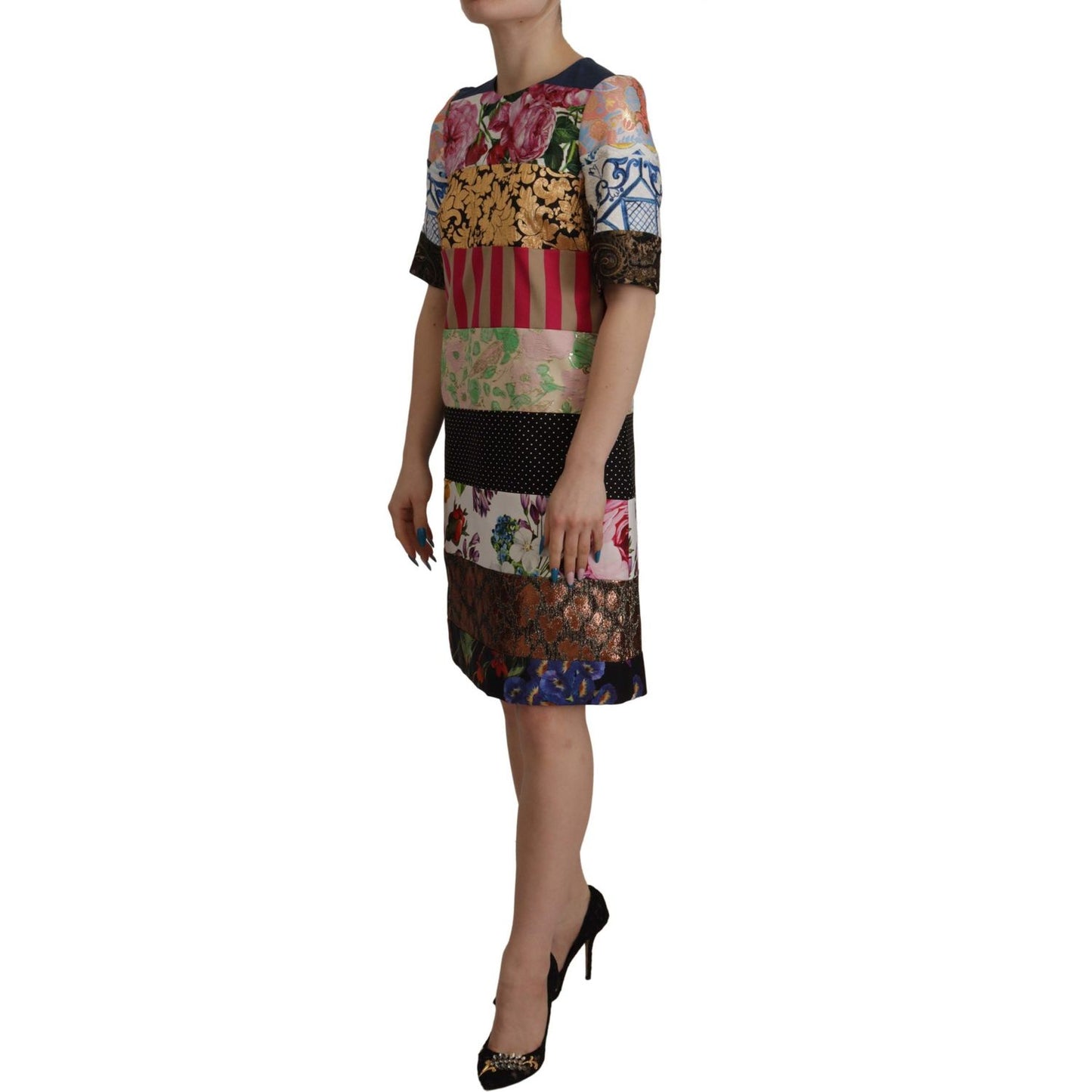 Dolce & Gabbana Multicolor Pachwork Floral Sheath Jaquard Mini Gown Dress DR28698- 36
