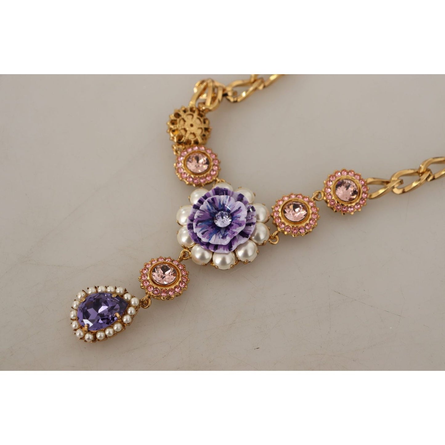 Dolce & Gabbana Gold Brass Crystal Purple Pink Pearl Pendants Necklace SMY100945