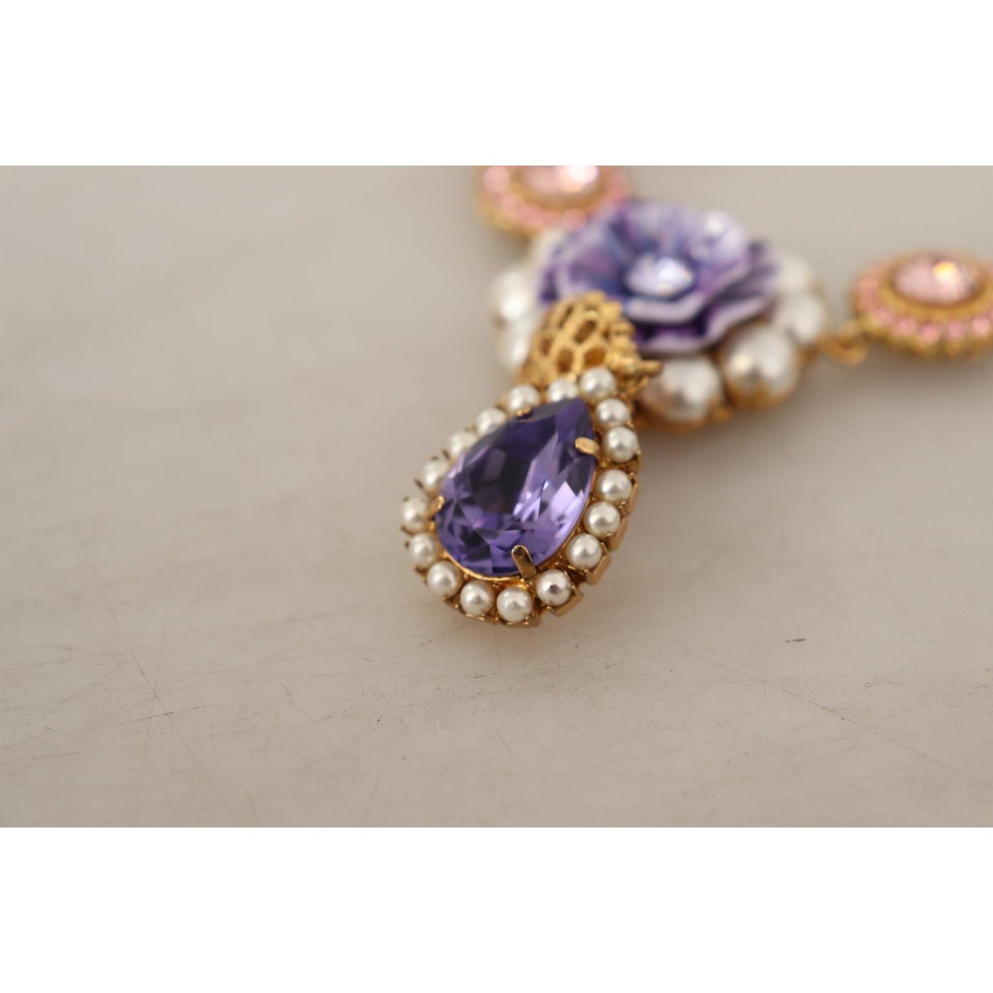 Dolce & Gabbana Gold Brass Crystal Purple Pink Pearl Pendants Necklace SMY100945