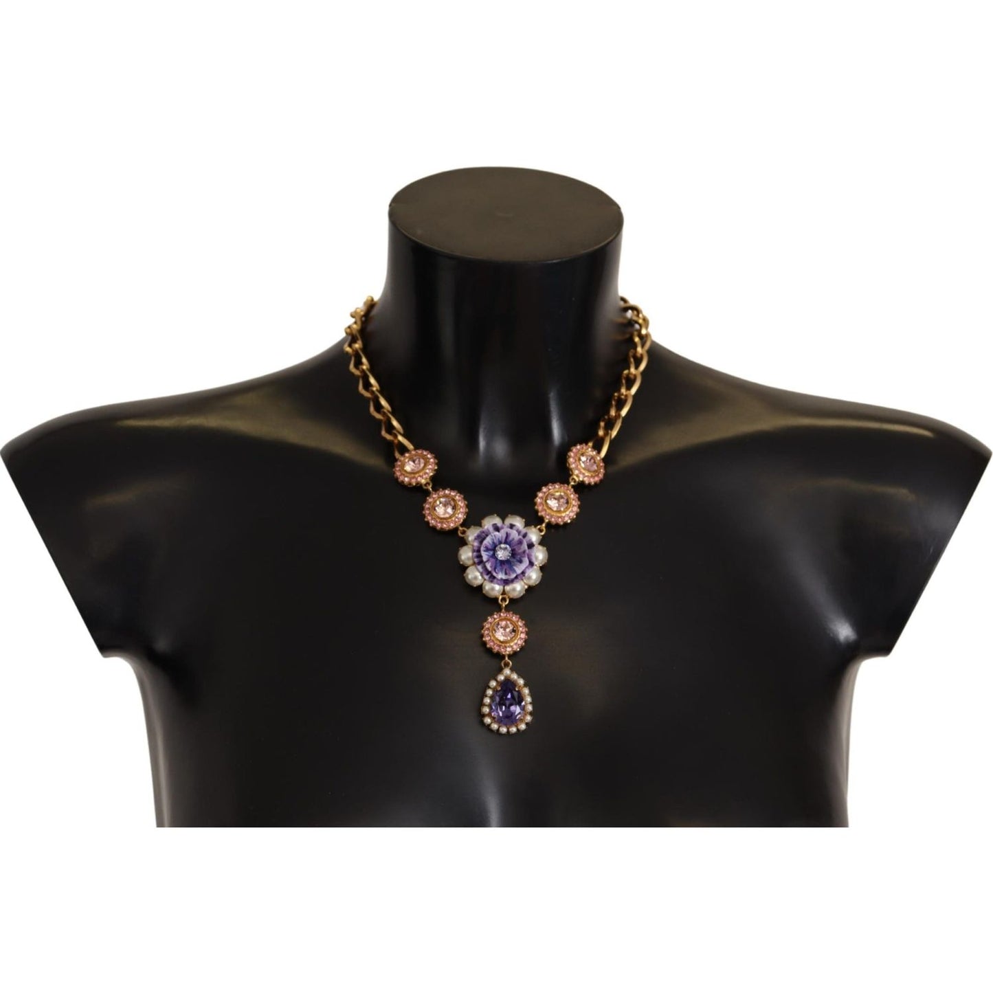 Dolce & Gabbana Gold Brass Crystal Purple Pink Pearl Pendants Necklace SMY100945