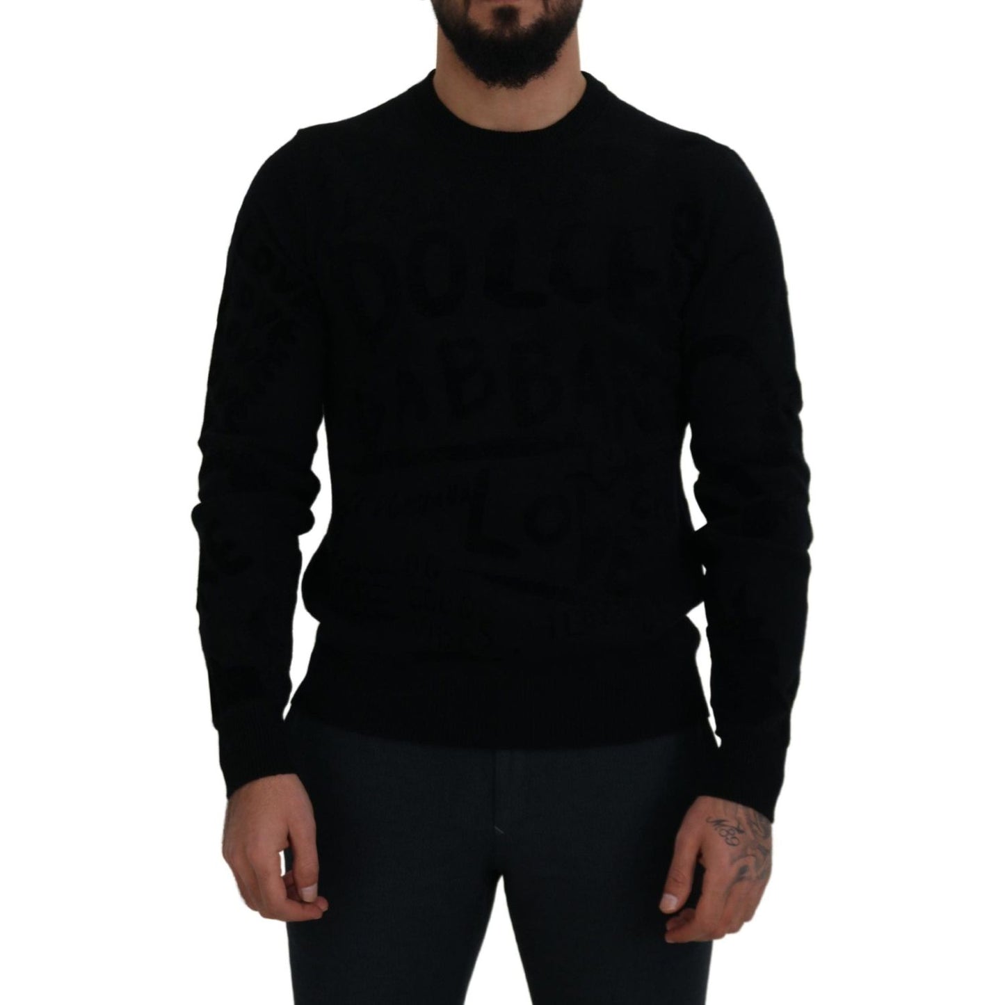 Dolce & Gabbana Black Wool Logo Pattern Crewneck Pullover Sweater TSH83110- 44