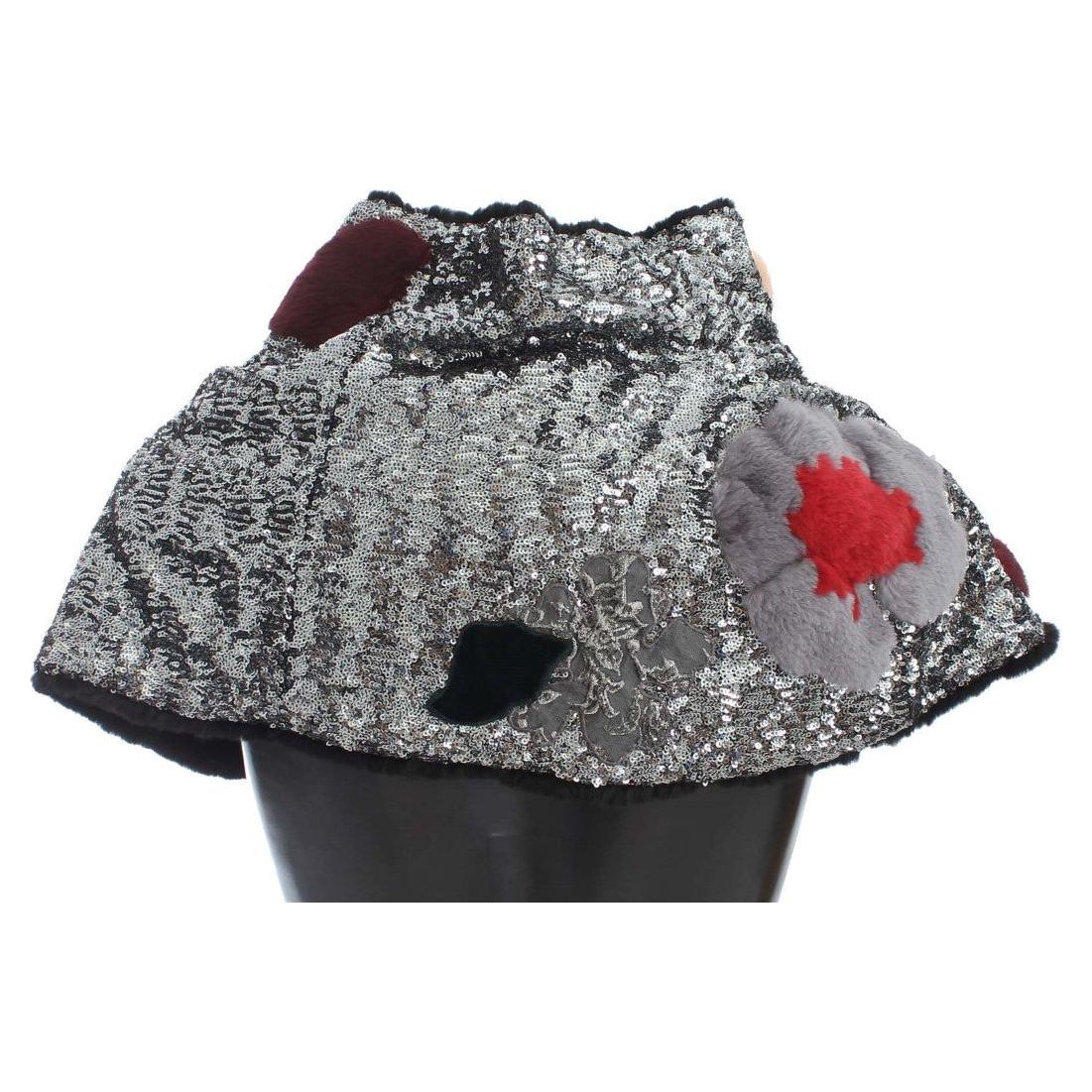 Dolce & Gabbana Silver Sequined Floral Weasel Fur Shoulder Scarf Wrap MS780-3