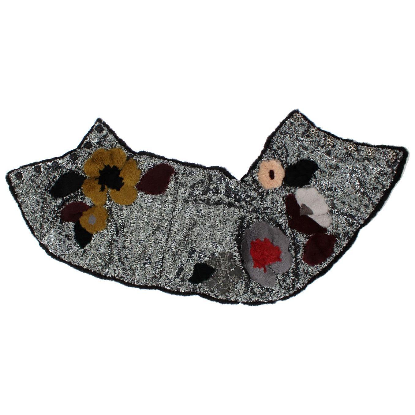 Dolce & Gabbana Silver Sequined Floral Weasel Fur Shoulder Scarf Wrap MS780-3