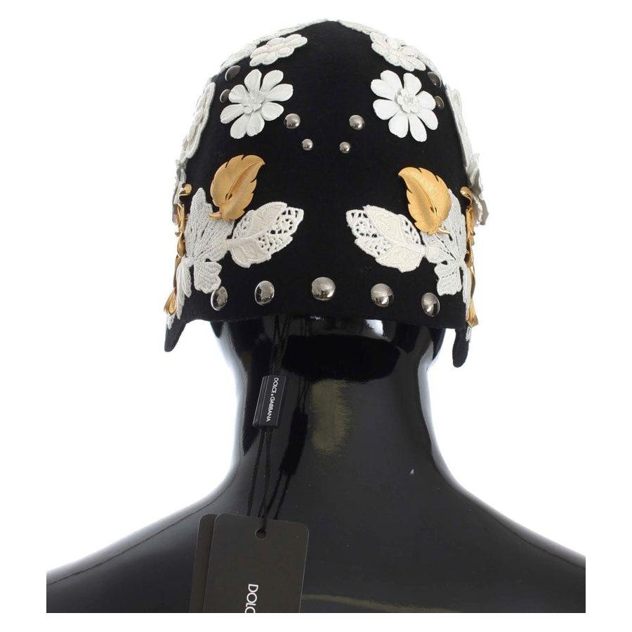 Dolce & Gabbana Black Wool White Floral Gold Leaf Hat MS838