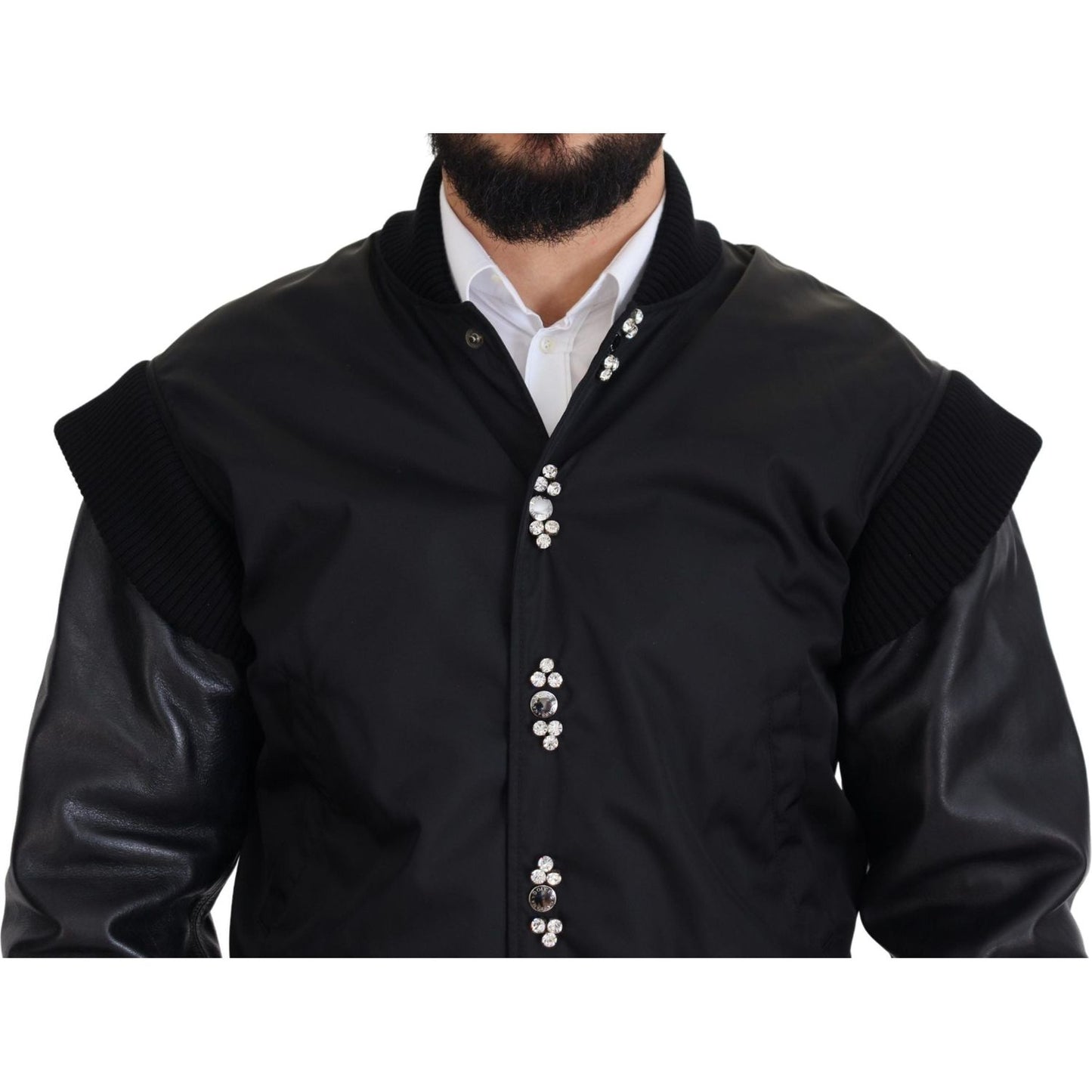 Dolce & Gabbana Black Nylon Crystals Coat Buttons Jacket JKT3335-46
