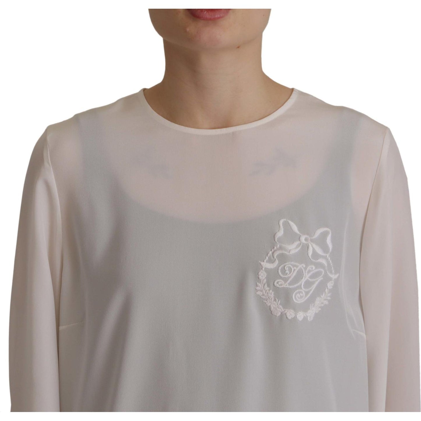 Dolce & Gabbana White Silk DG Logo Embroidered Long Sleeves Blouse TSH7847- 40