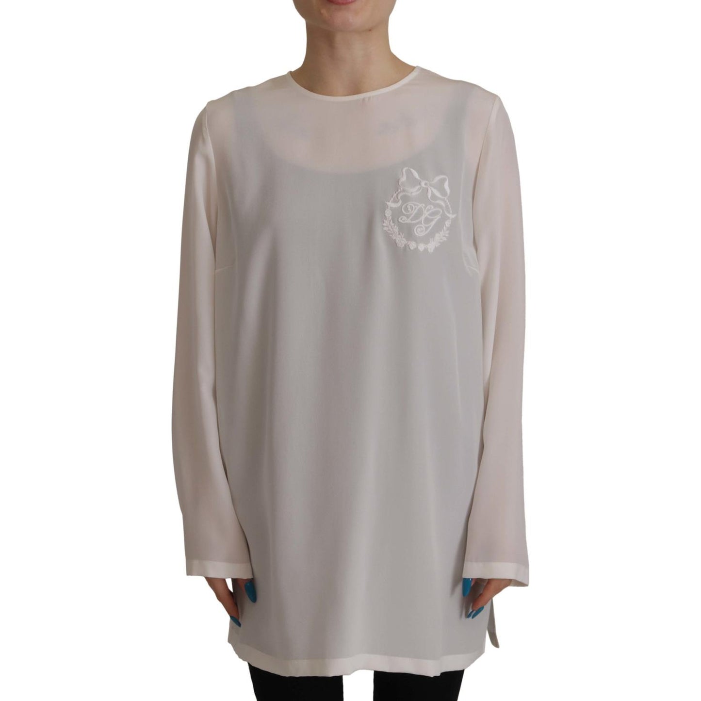 Dolce & Gabbana White Silk DG Logo Embroidered Long Sleeves Blouse TSH7847- 40