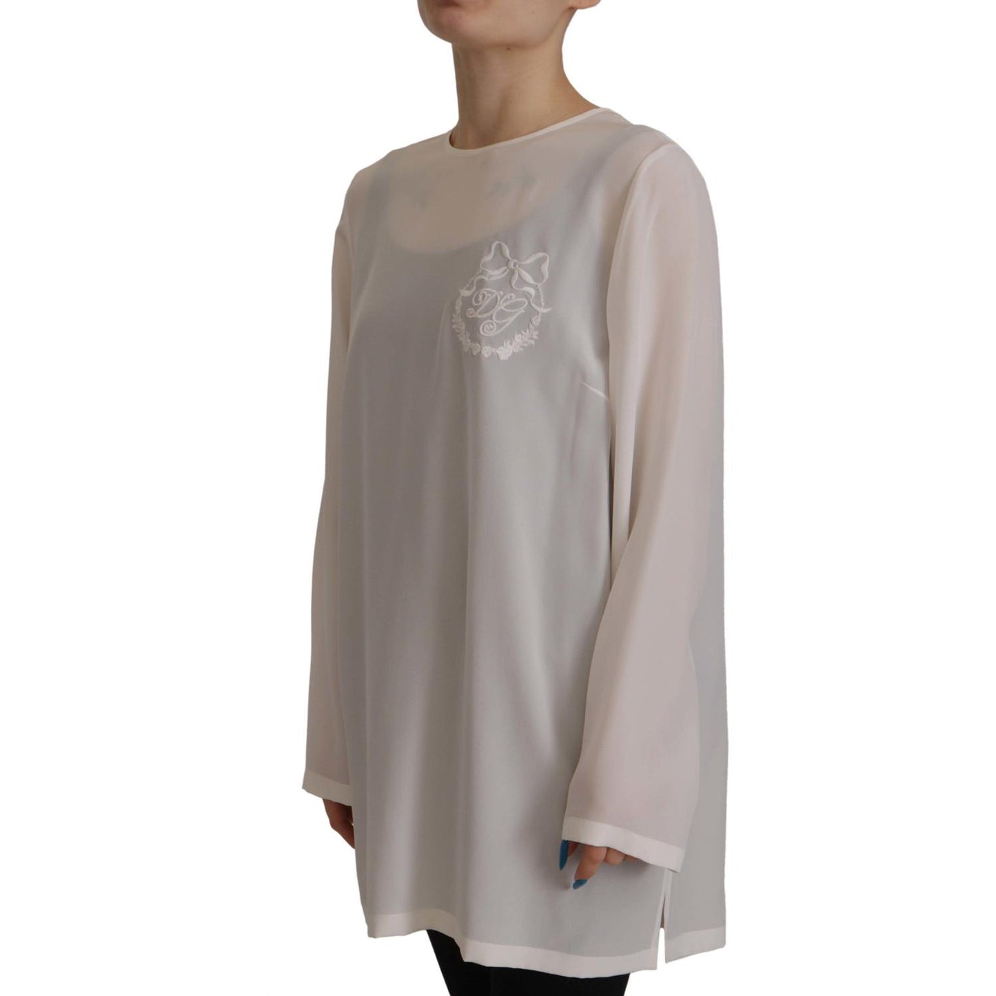 Dolce & Gabbana White Silk DG Logo Embroidered Long Sleeves Blouse TSH7847- 40