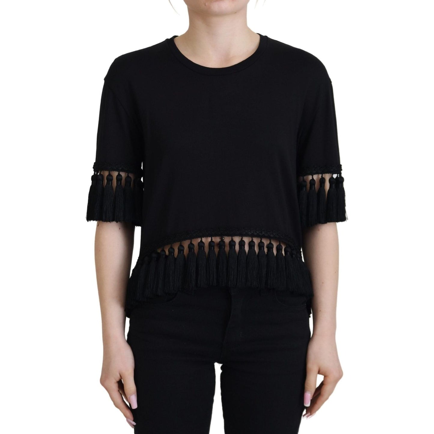 Dolce & Gabbana Black T-shirt Blouse Tassle Cotton Blouse TSH83244- 36
