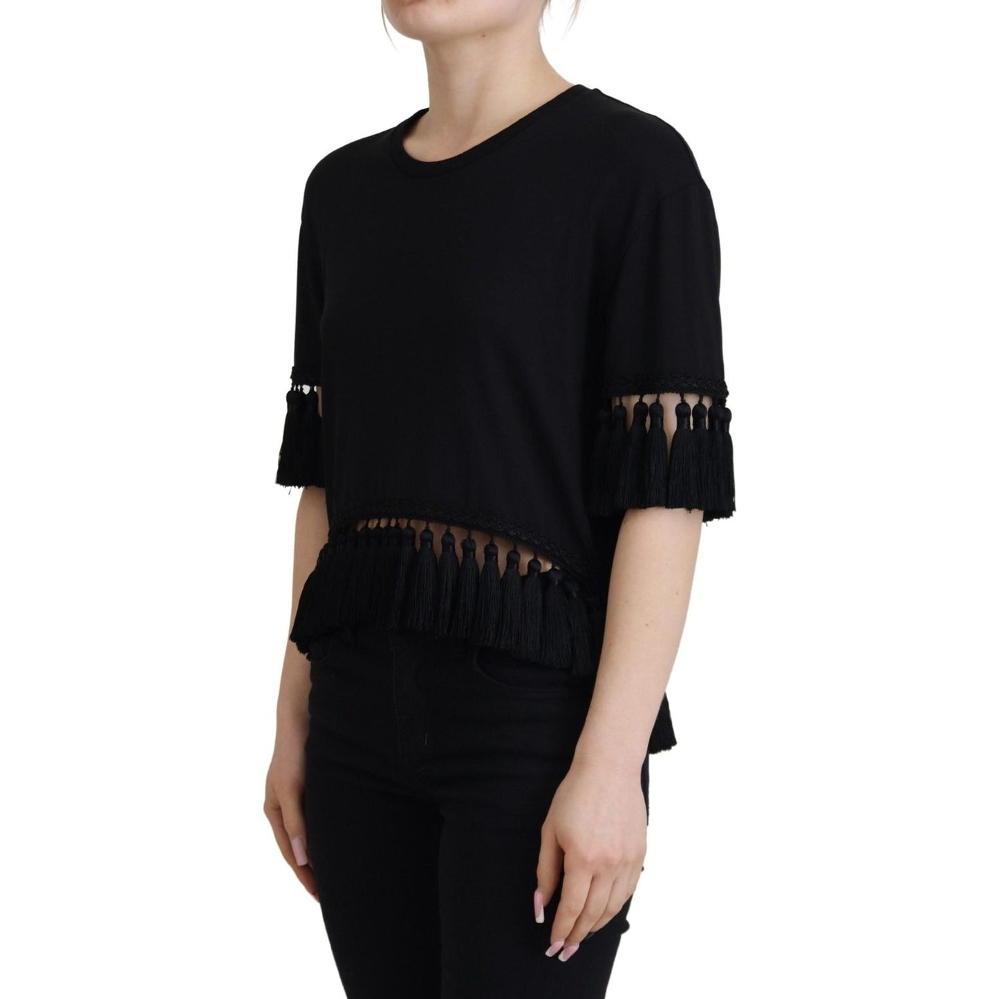 Dolce & Gabbana Black T-shirt Blouse Tassle Cotton Blouse TSH83244- 36