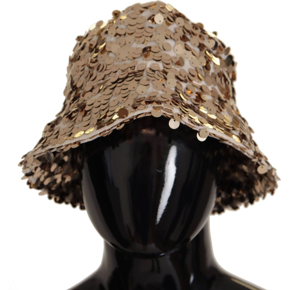 Dolce & Gabbana Gold Silk Sequin Embellished Designer Brim Bucket Hat HAT9295