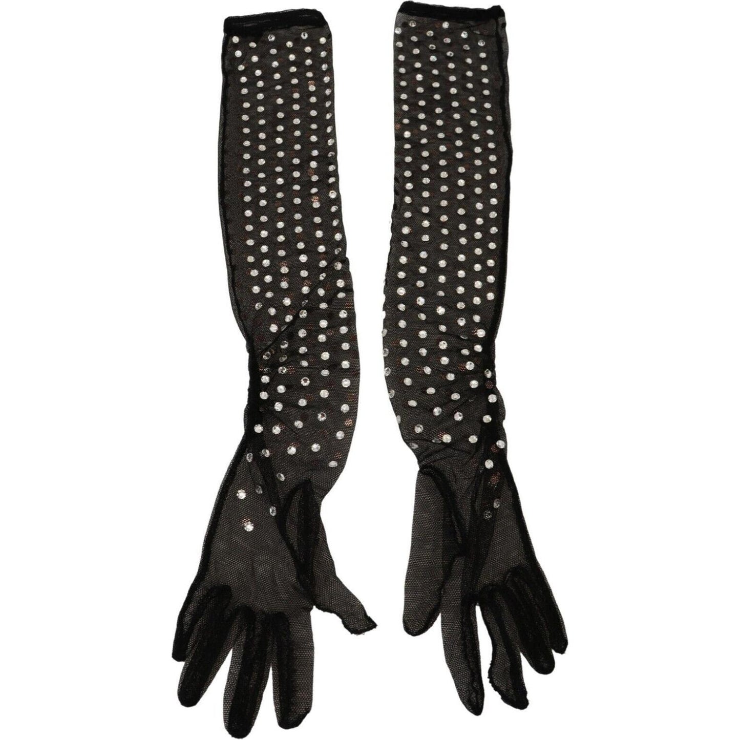 Dolce & Gabbana Black Crystal Elbow Length Cotton Tulle Gloves LB3093 - 7.5