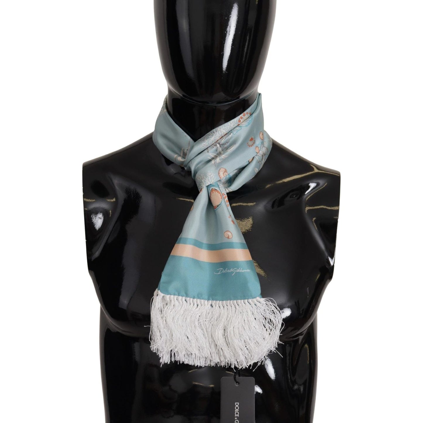 Dolce & Gabbana Blue Silk Shiny Shell-Print Neck Wrap Fringed Scarf MS6134