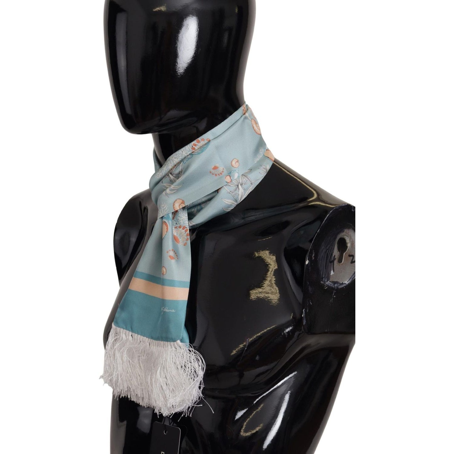 Dolce & Gabbana Blue Silk Shiny Shell-Print Neck Wrap Fringed Scarf MS6134